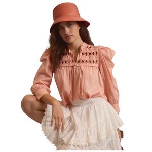 Self Contrast Anthropologie Puff-Sleeve Cotton Blouse S Small Peach‎ Coral Boho